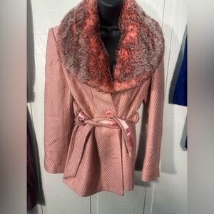 Kenzie Pink Faux Fur Collared Button Front Jacket Size 8 EUC